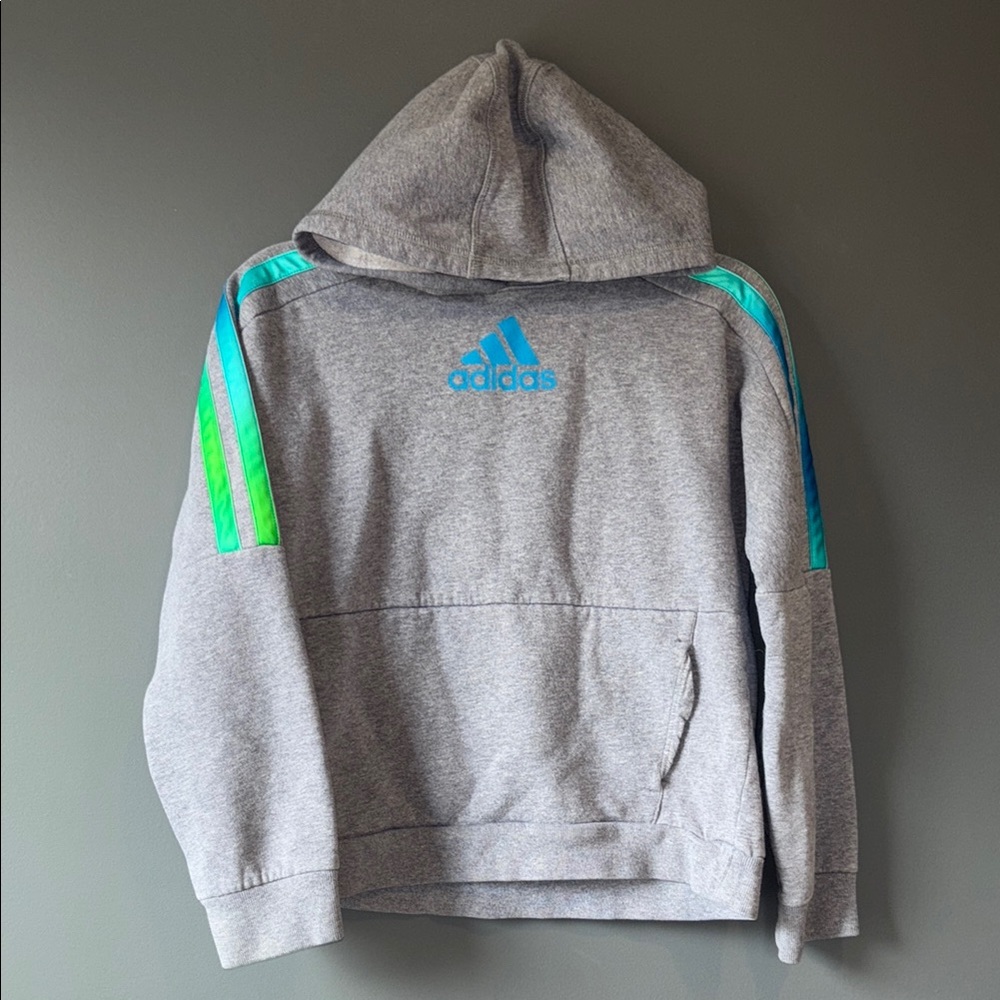 Adidas Gray Hoodie with Blue and Green Accents